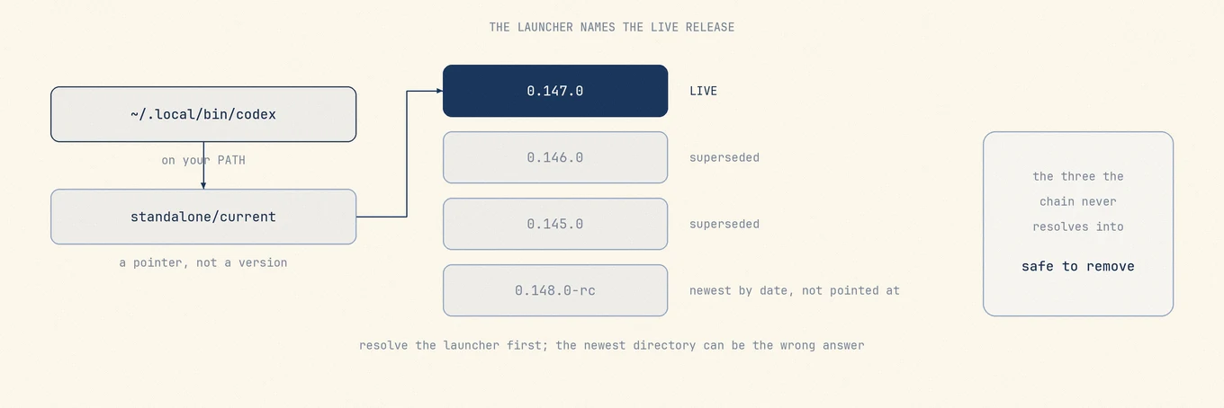 A launcher symlink on the PATH resolving through a current pointer into one release directory, while the sibling release directories next to it are unreferenced and safe to remove.