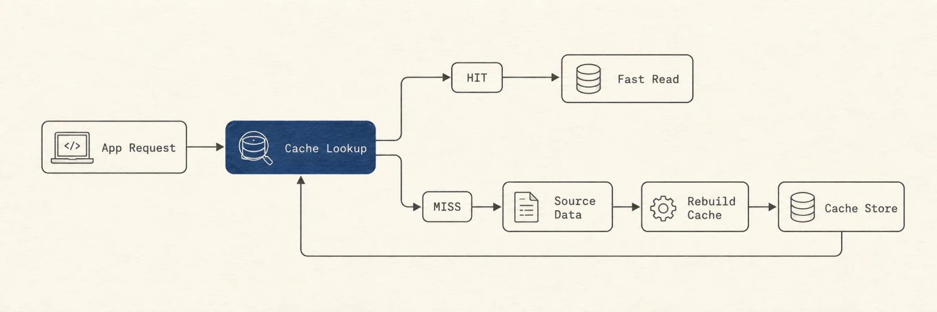A cache lookup branching into a fast cache hit or a miss that fetches source data and rebuilds the cache