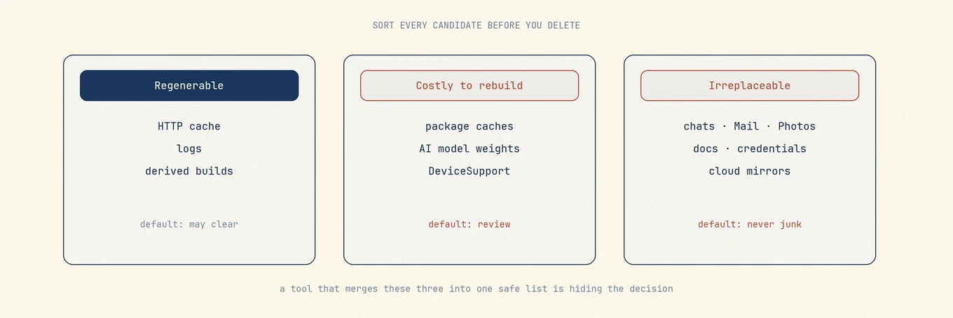 Three columns of data kinds: regenerable, costly to rebuild, and irreplaceable, each with a different default action.