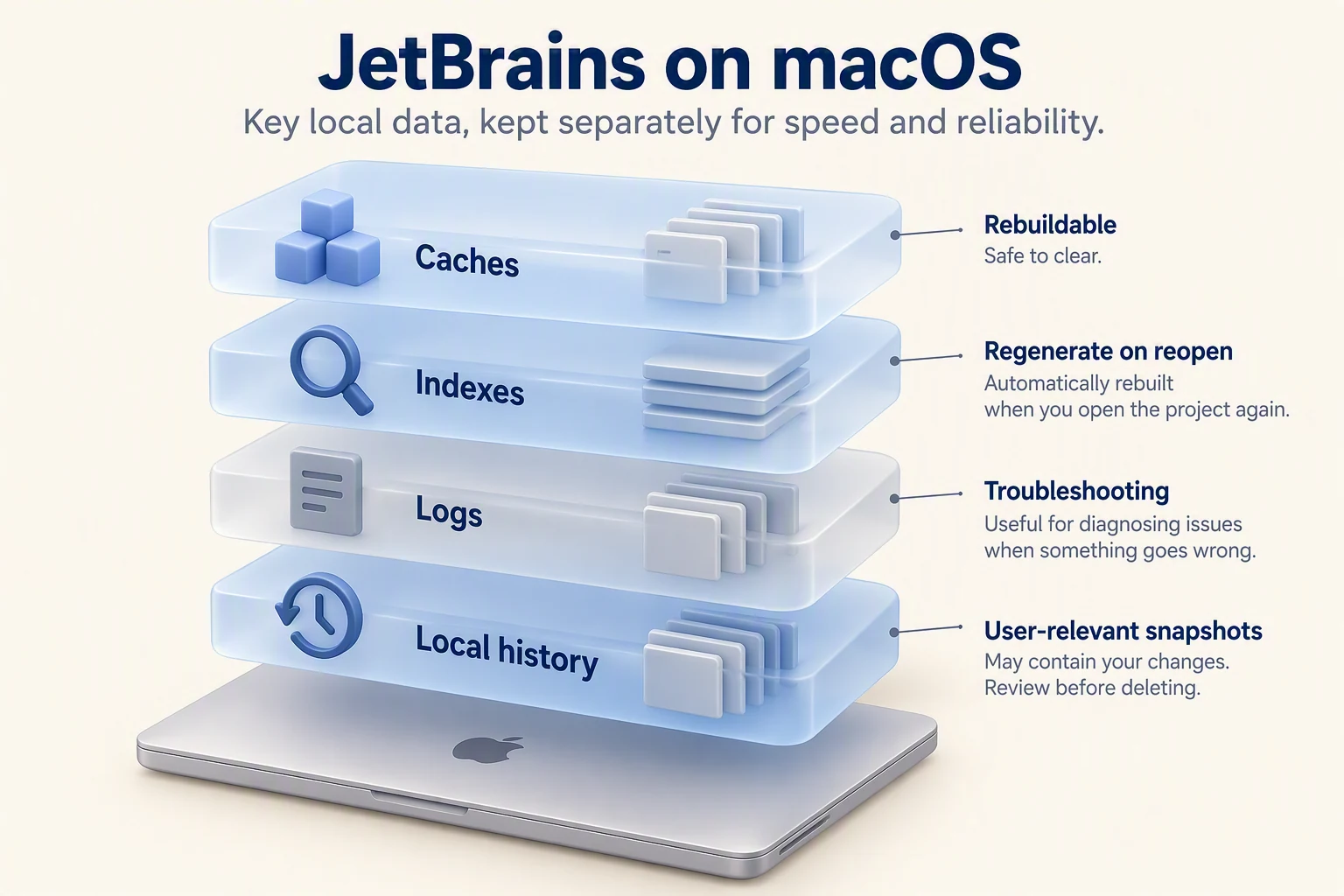 Dati JetBrains su Mac: cache e indici ricostruibili, log e Local History, che può contenere le tue modifiche.