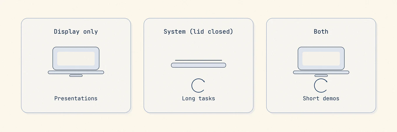 Three keep-awake modes: display only, system with lid closed, and both