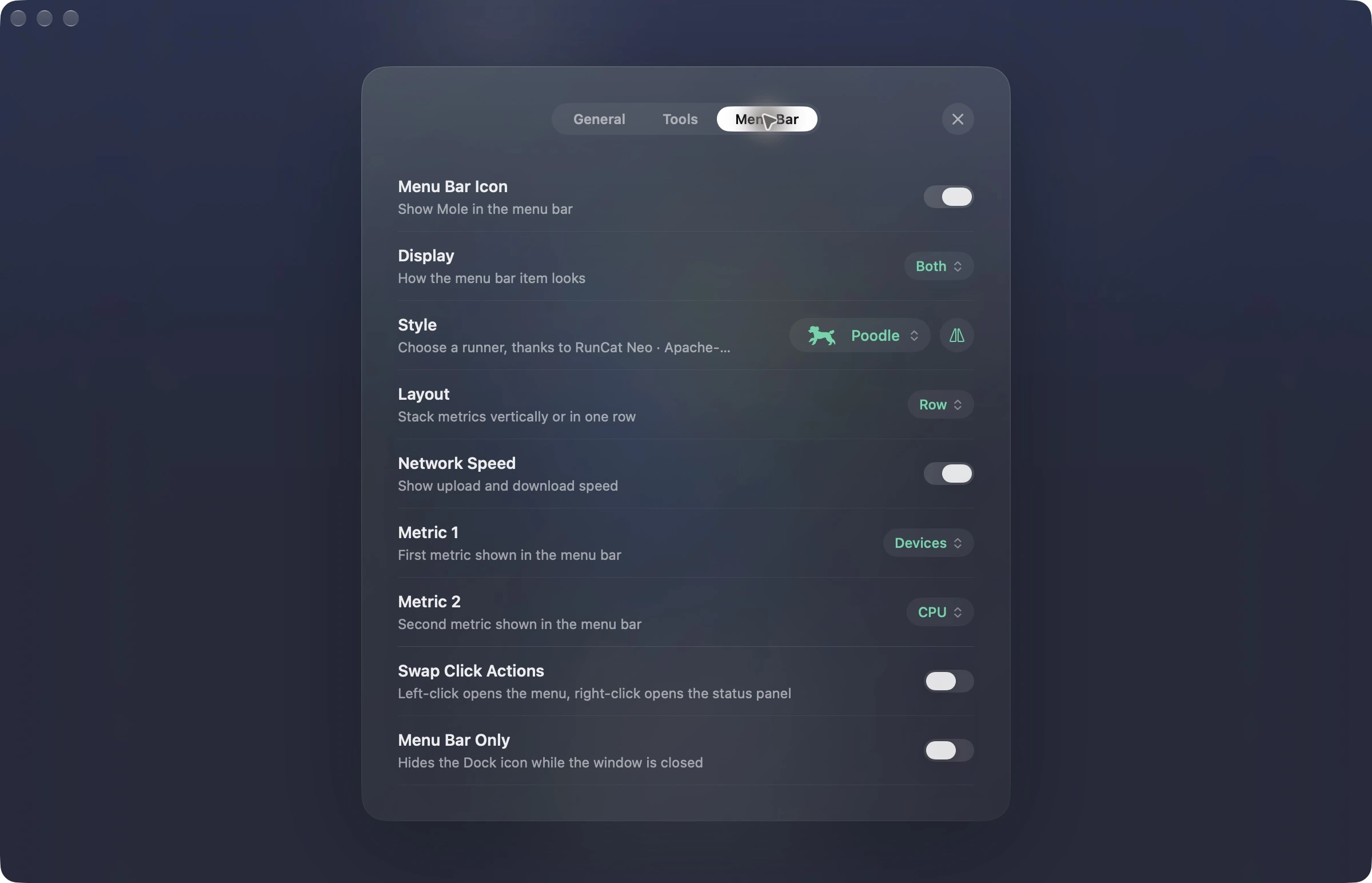 La scheda Barra dei menu nelle Impostazioni di Mole, con opzioni come Visualizzazione e Stile.