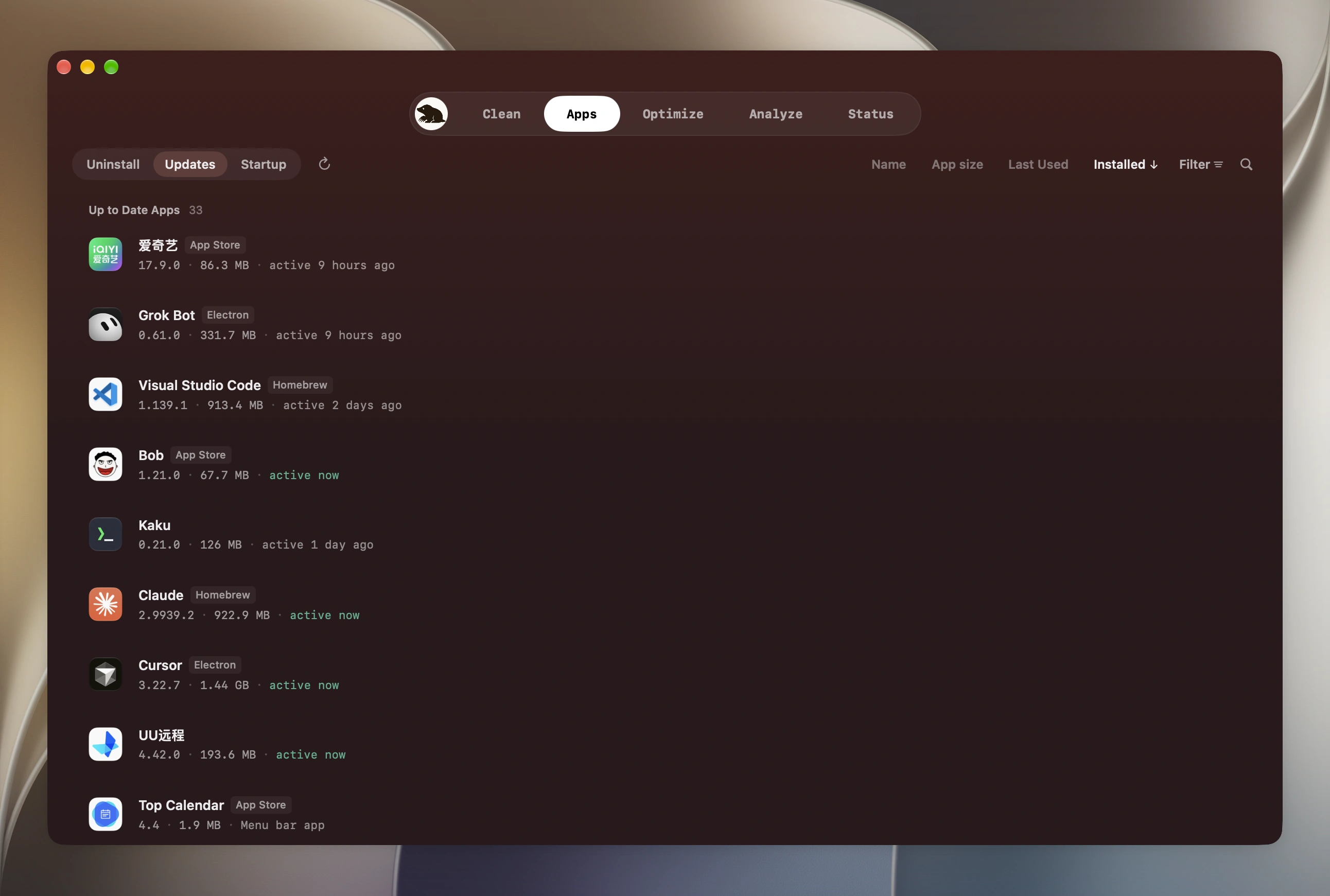 Mole's Updates list showing installed apps with their version, size, and last use, each tagged with where it updates from, such as App Store, Homebrew, or Electron.