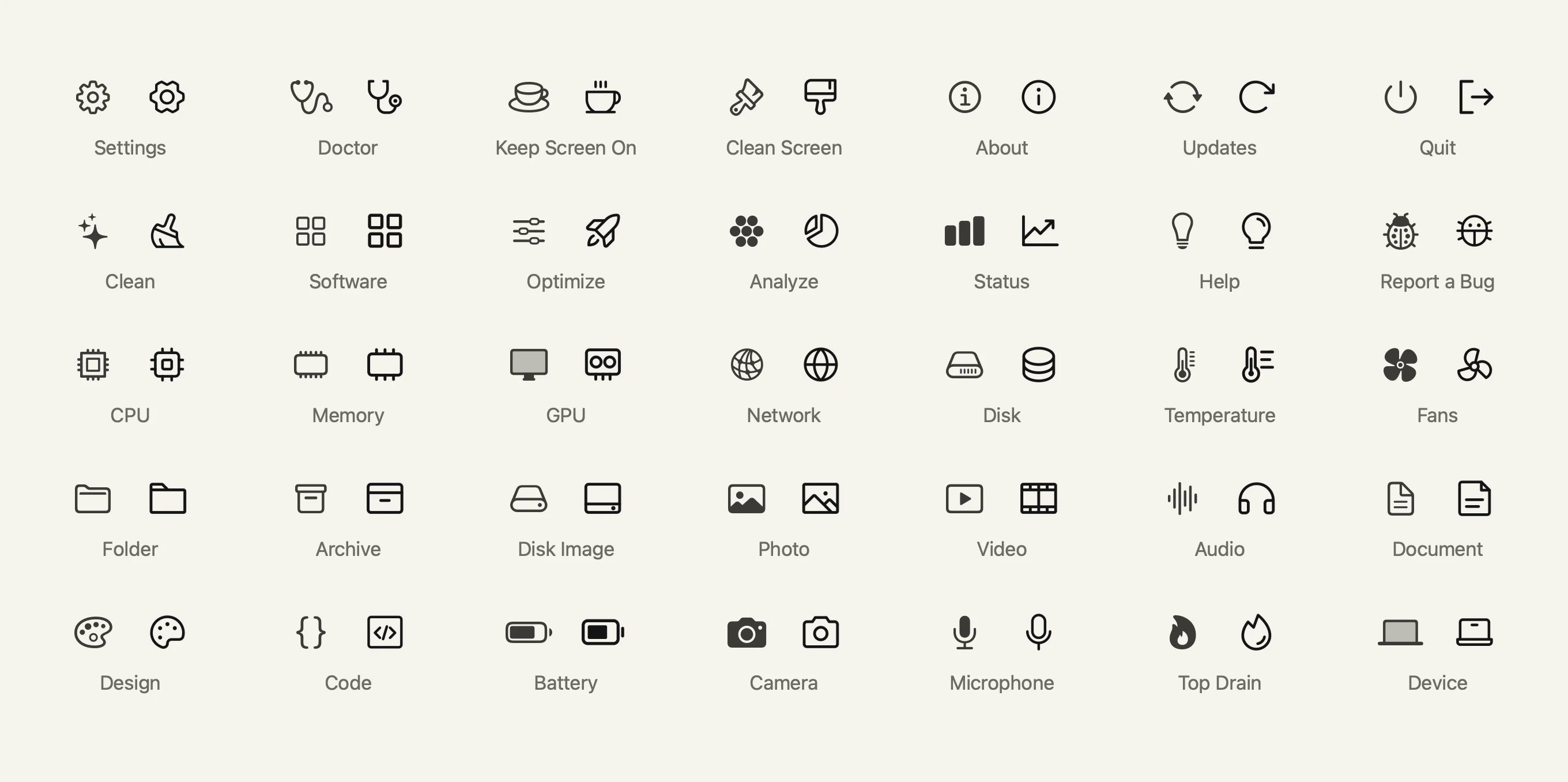 35 pairs of icons. In each pair the previous system icon is on the left and the new icon on the right, covering Settings, Doctor, Keep Screen On, About, Quit, Clean, Status, CPU, Fans, Folder, Battery and more.