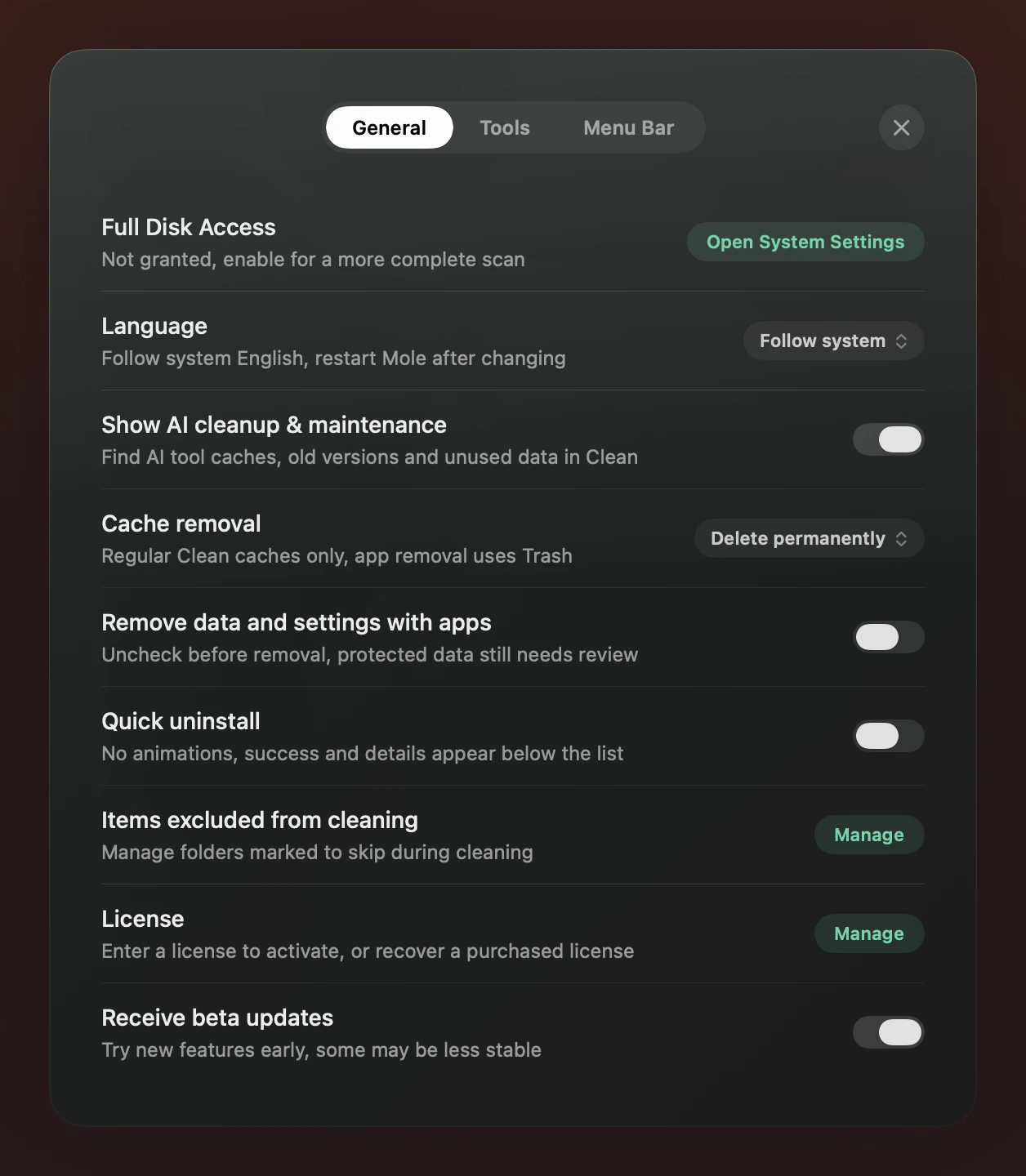 A development rendering of Mole’s General settings for the next version, including permission, cache and Quick Uninstall choices.