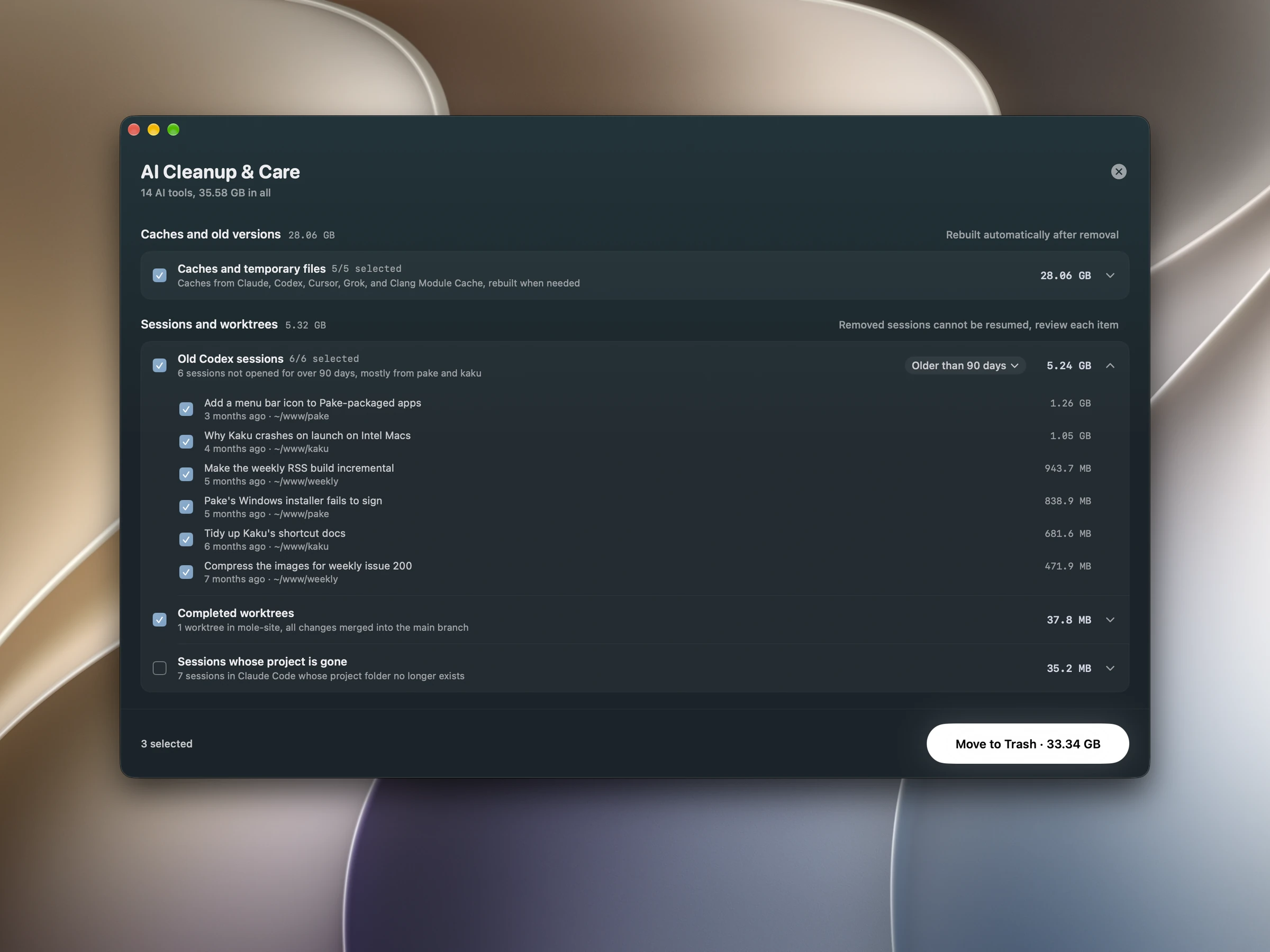 Mole's AI Cleanup & Care page with six Codex sessions older than 90 days expanded under sessions and worktrees, and completed worktrees and sessions whose project is gone below, each row saying what it is, what removing it costs, and its size.
