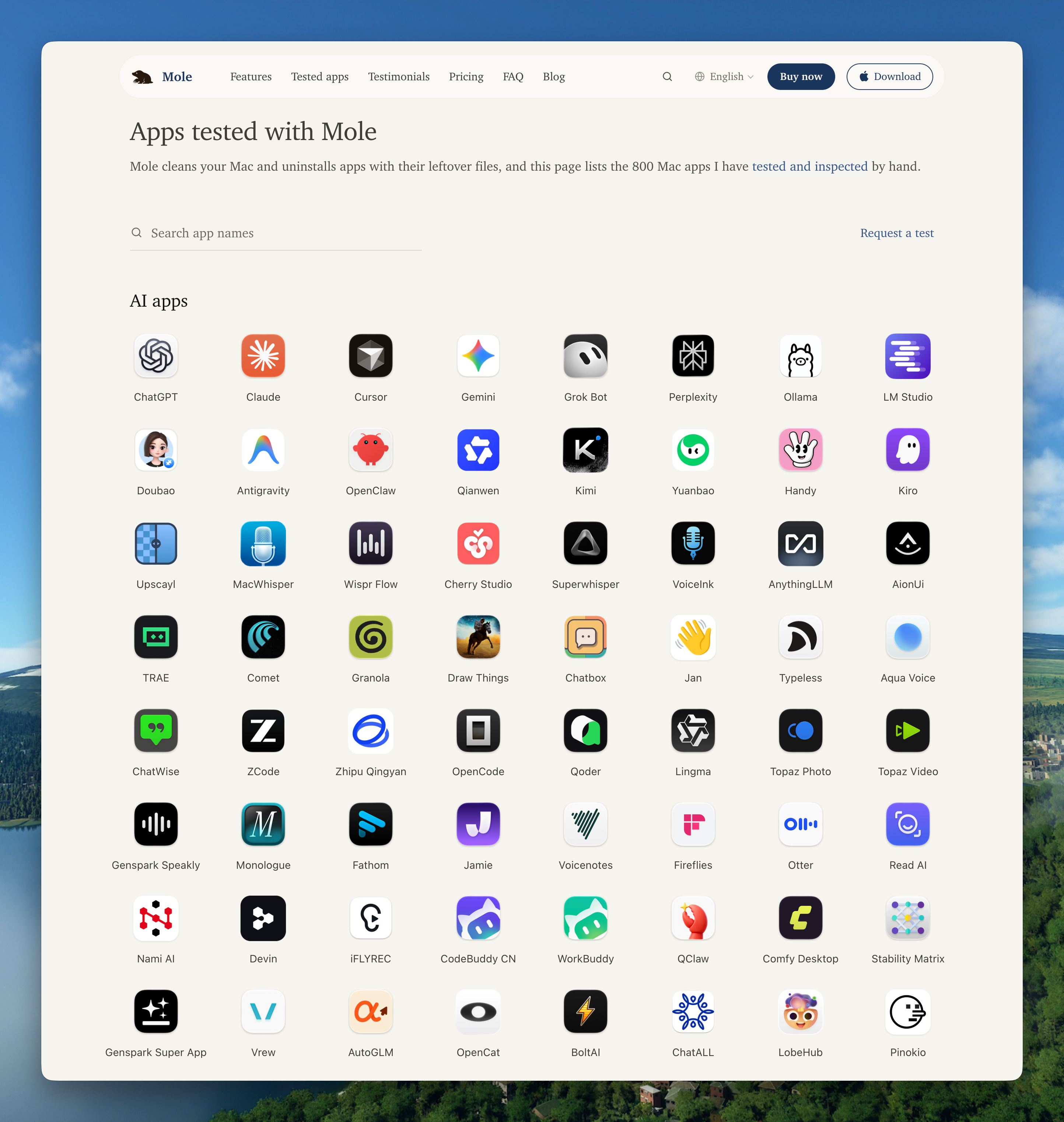 A lista de 800 apps, mostrando parte da seção de ferramentas de IA. Abra a lista completa para achar um app e o guia de desinstalação.