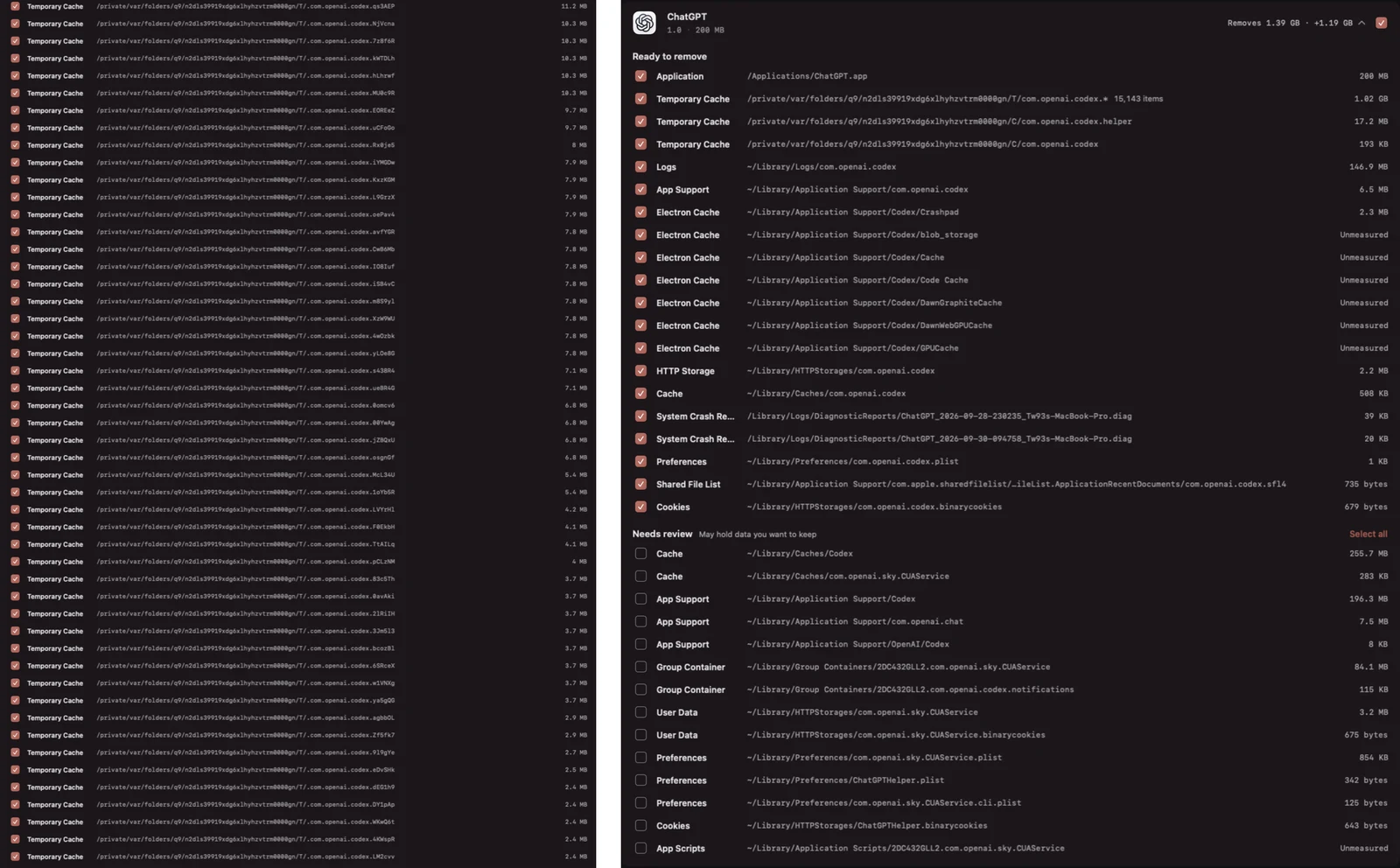Dezelfde restbestanden van ChatGPT voor en na: eerst heeft elke tijdelijke map een eigen regel, daarna delen ze één regel met 15.143 items en 1,02 GB, en de overige restbestanden staan per categorie.
