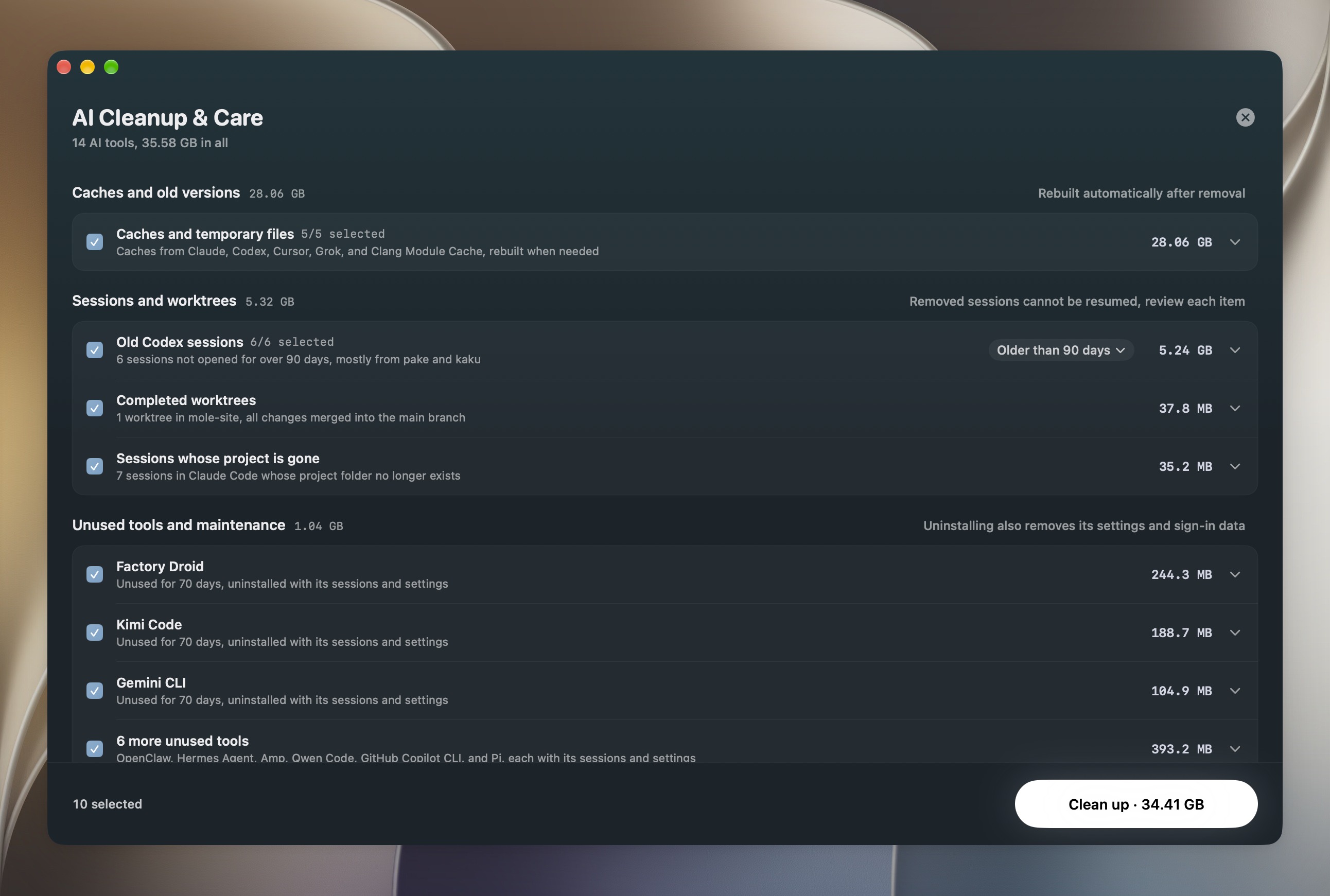 AI Cleanup & Care page with every row selected: AI tool caches, old Codex sessions, cleanable worktrees and long-unused tools, each with its size and what removing it costs