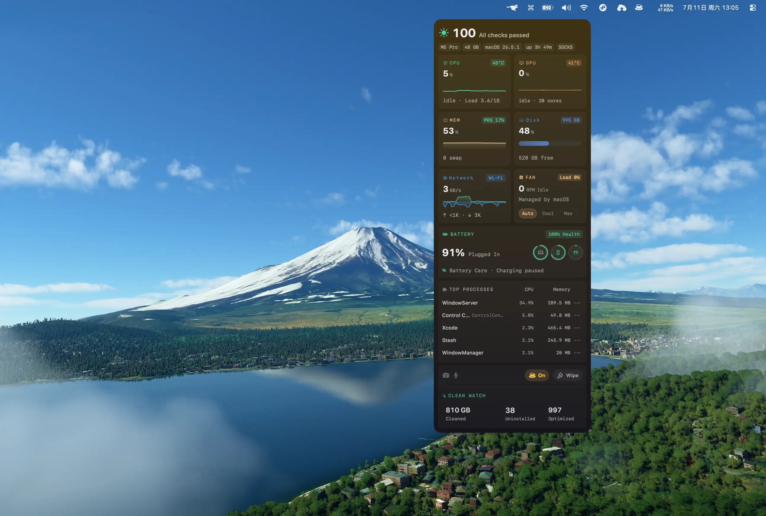 Mole's menu bar panel stays out of the way until opened, then shows hardware status and maintenance shortcuts