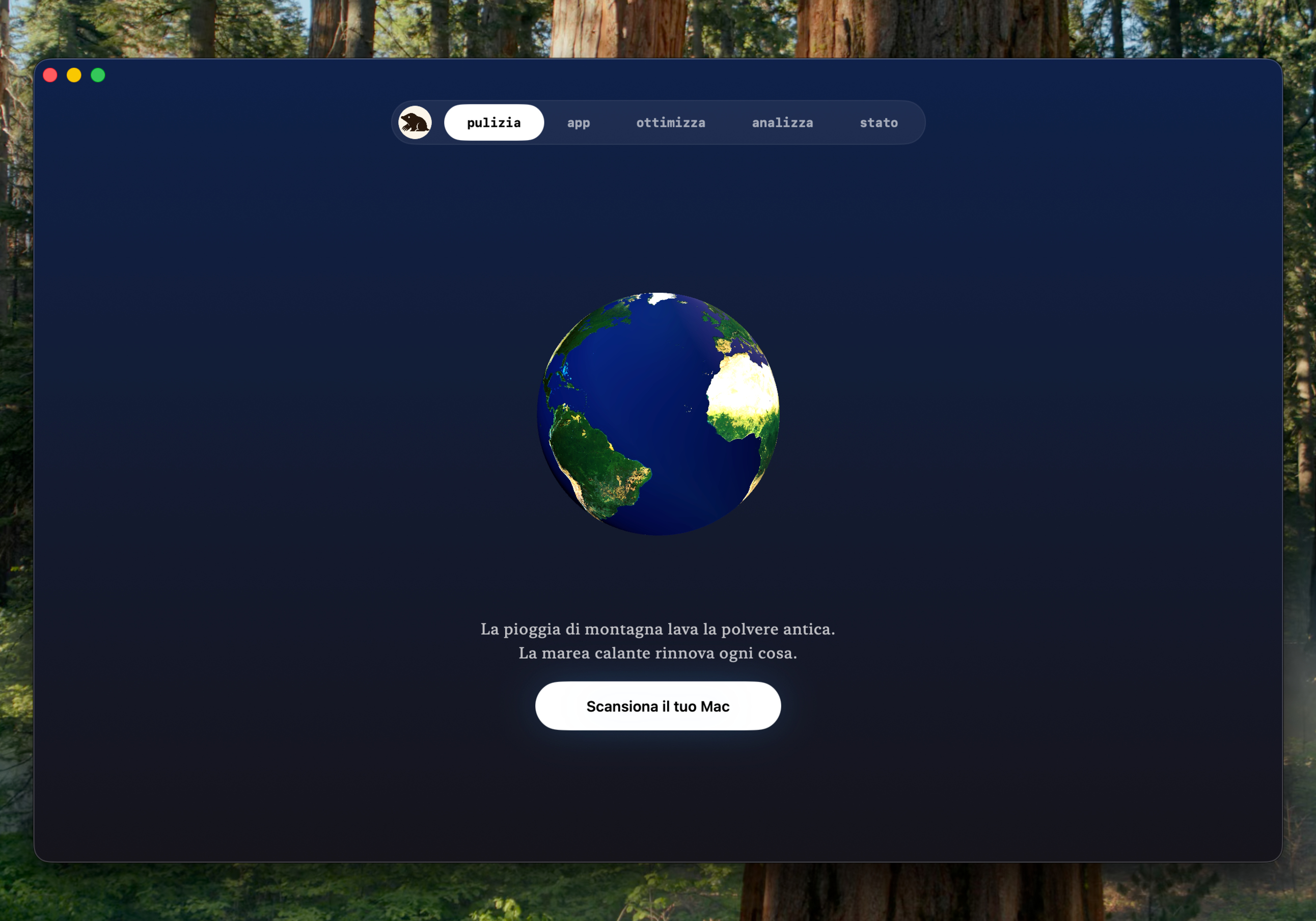 Scheda Pulizia con la Terra e il pulsante Scansiona il Mac