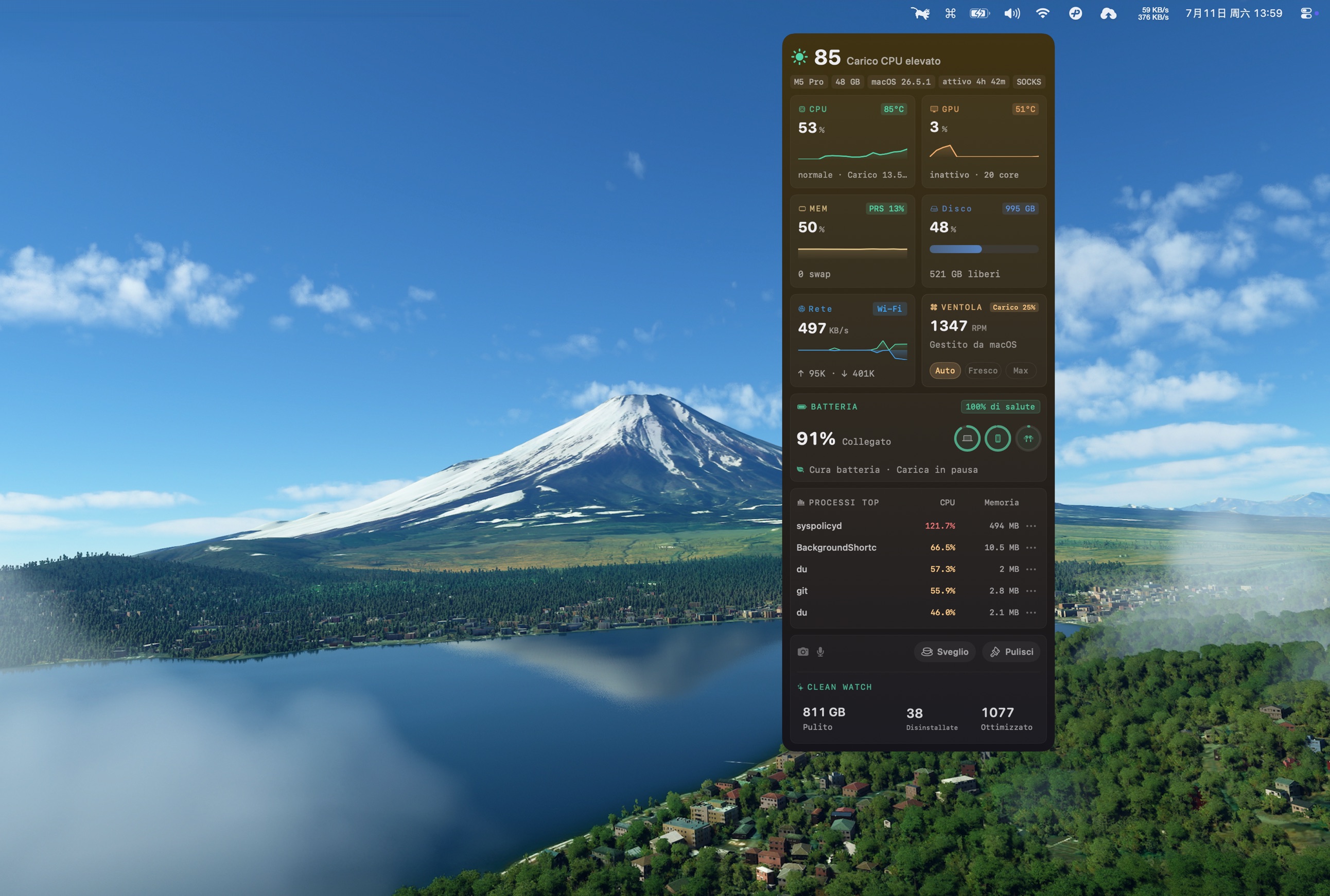 HUD della barra menu con animazione runner, metriche live, attività privacy, Keep Screen On, schede hardware e processi principali