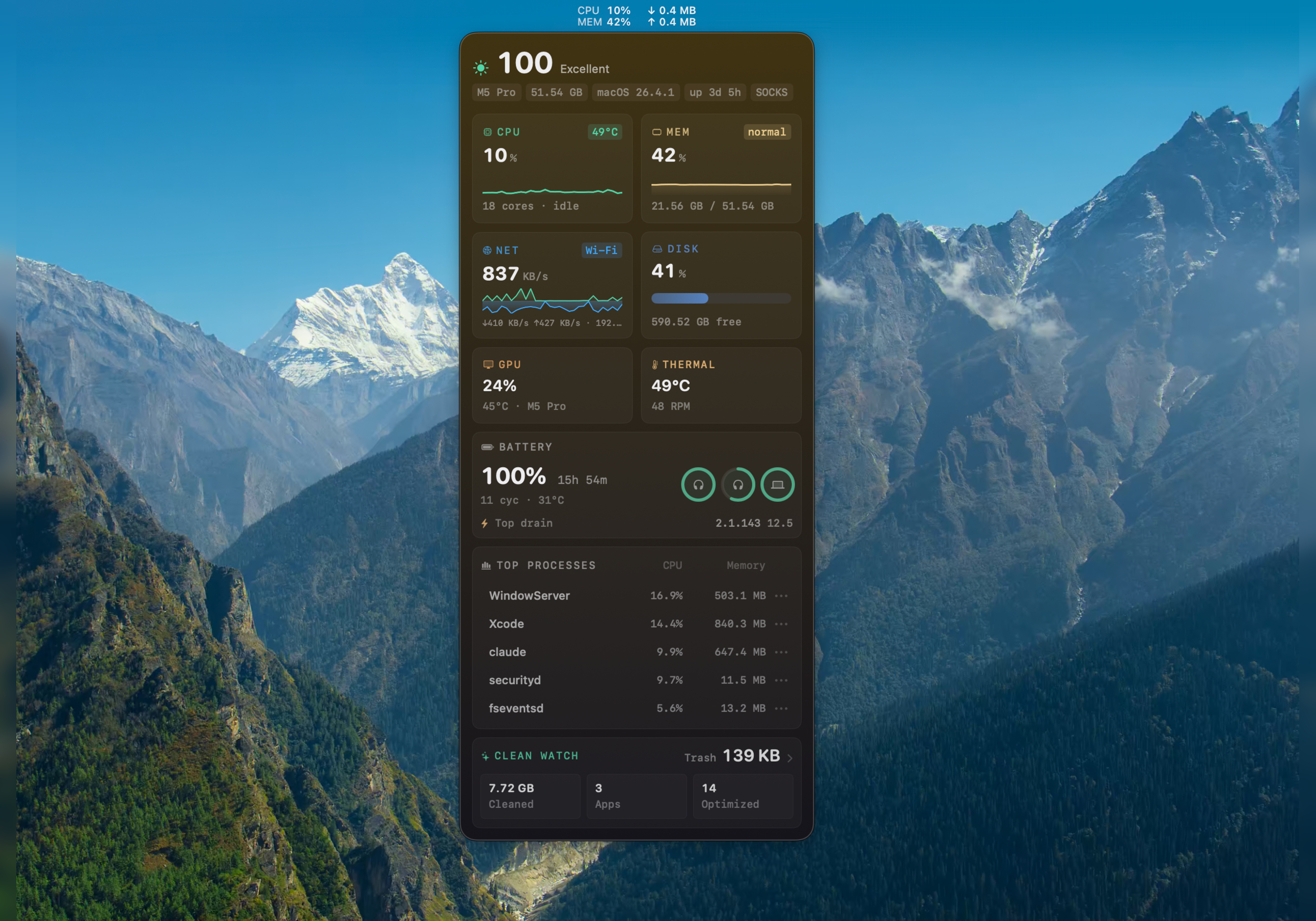 Menu bar HUD showing runner animation, live metrics, hardware tiles, and top processes