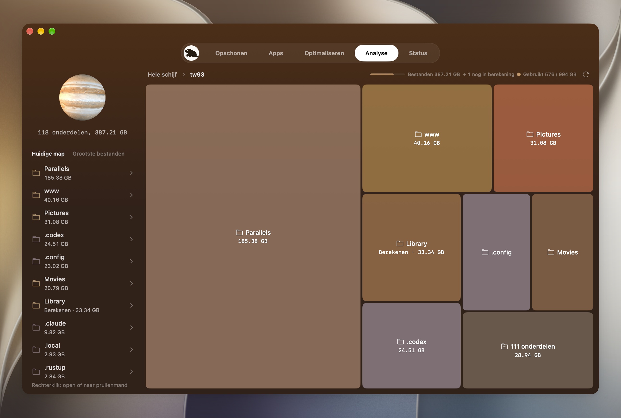 Mole Analyse met een treemap van de schijf en het mappad