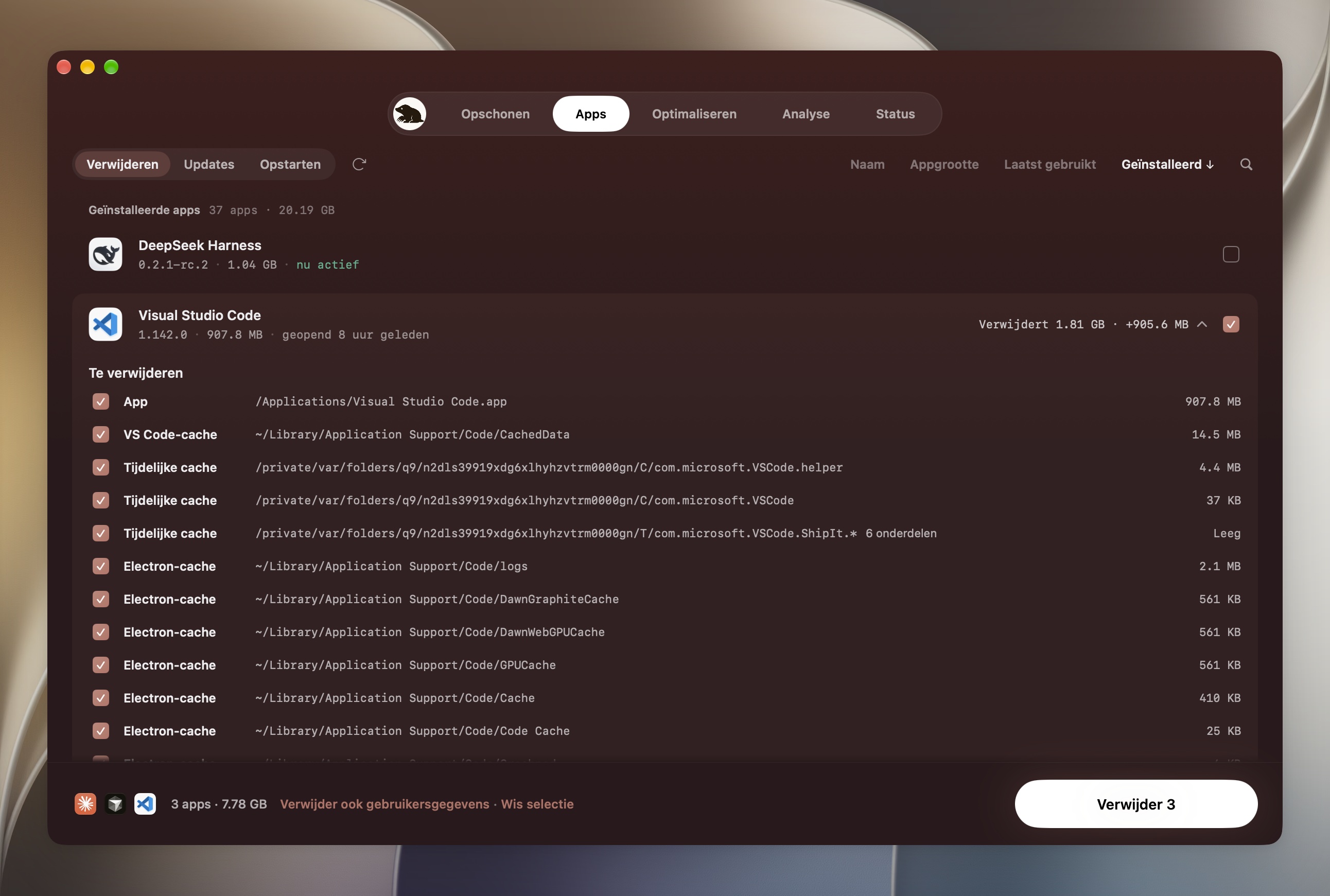 Mole Apps met geïnstalleerde apps, updates, opstartonderdelen en de controle voor verwijderen