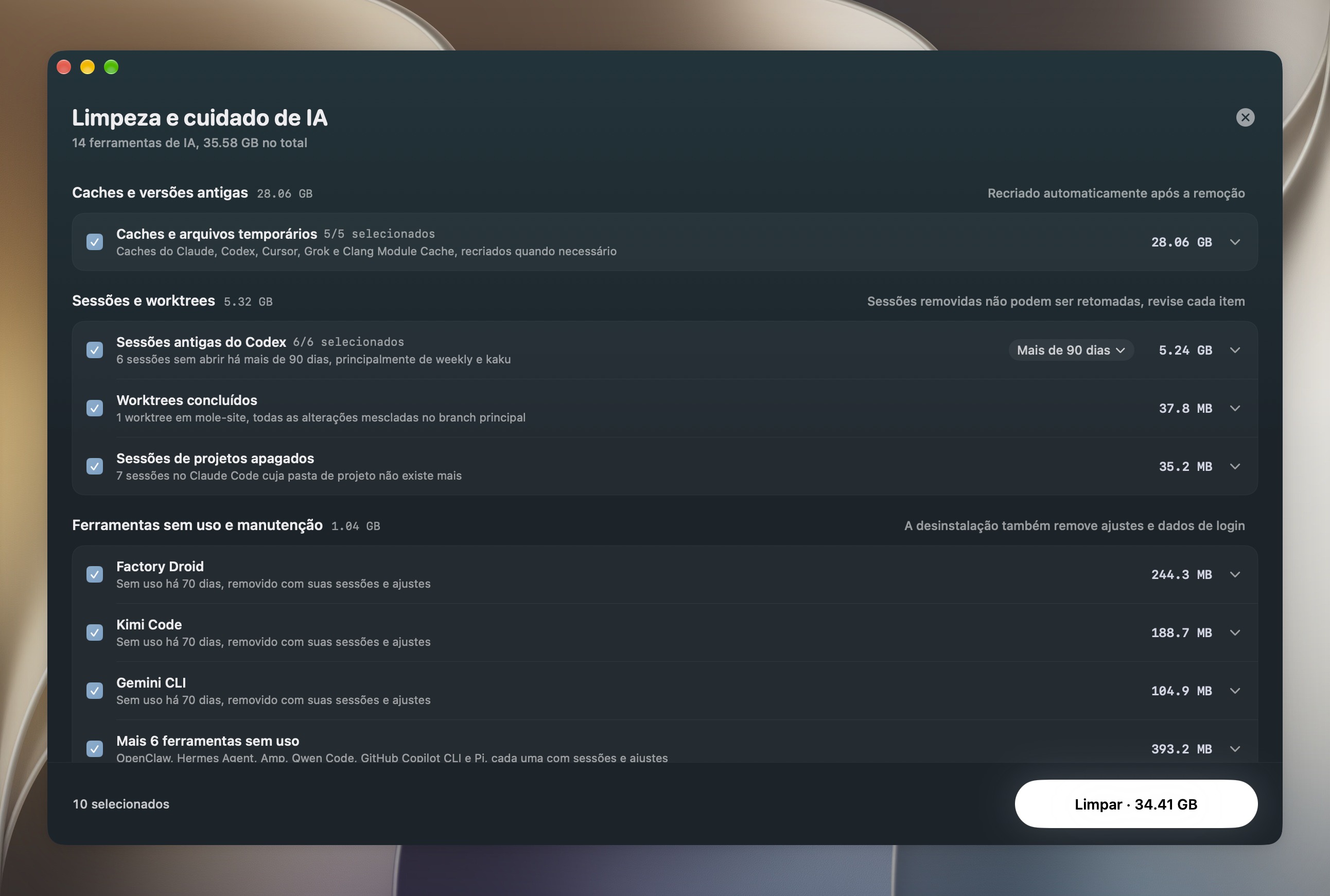 Página Limpeza e cuidado de IA listando caches de ferramentas de IA, sessões antigas do Codex, worktrees que podem ser limpos e ferramentas sem uso há muito tempo, cada uma com seu tamanho e o custo de apagá-la