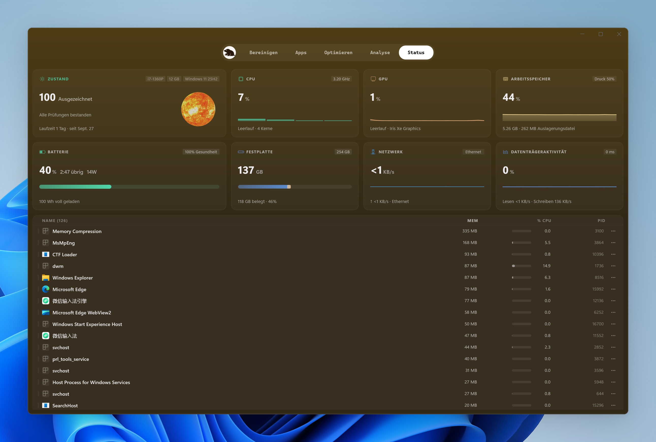Der Tab Status mit Kacheln für CPU, GPU, Arbeitsspeicher, Akku, Laufwerk und Netzwerk über der Prozessliste