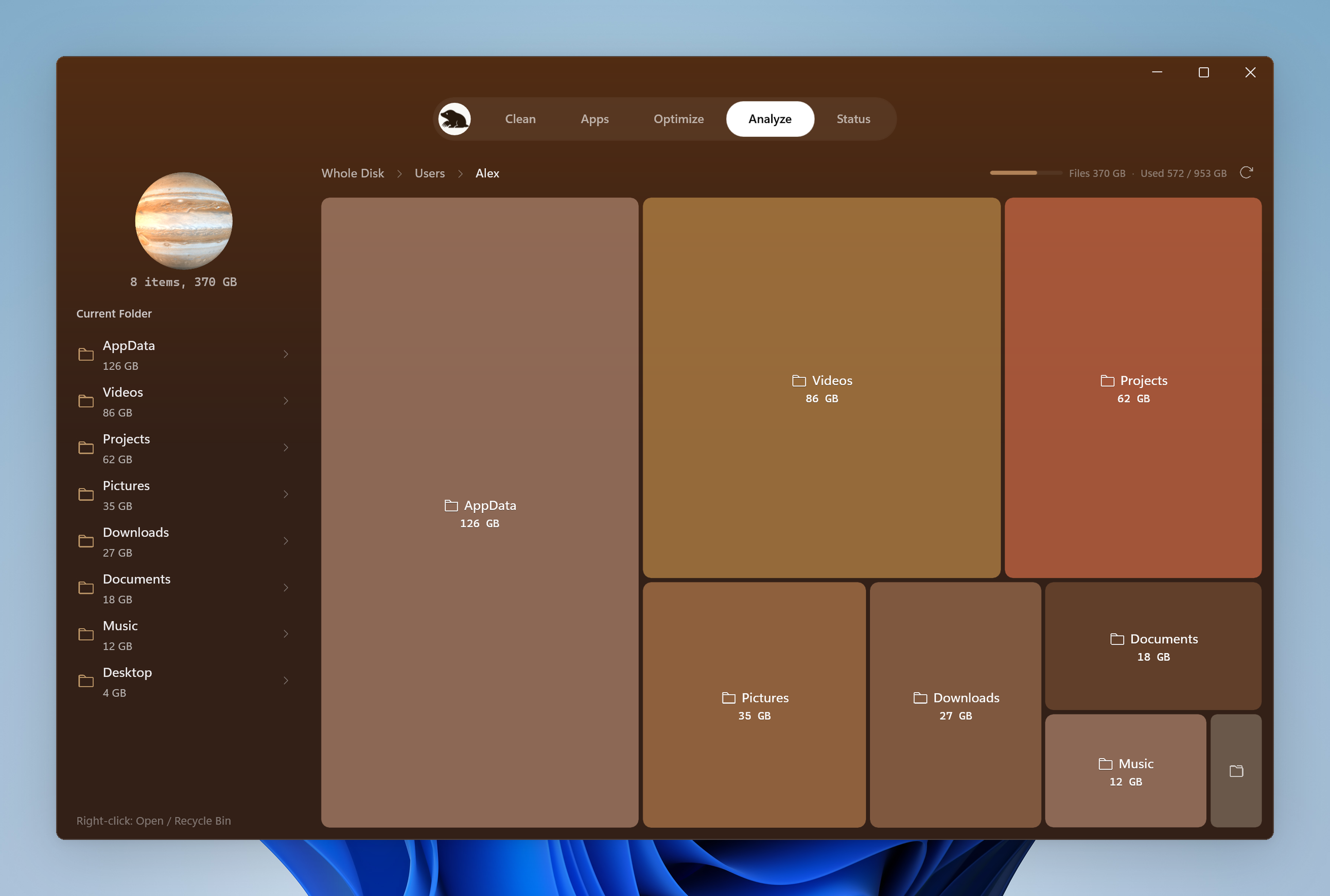Mole's Windows Analyze page showing directories and rectangular disk-map blocks