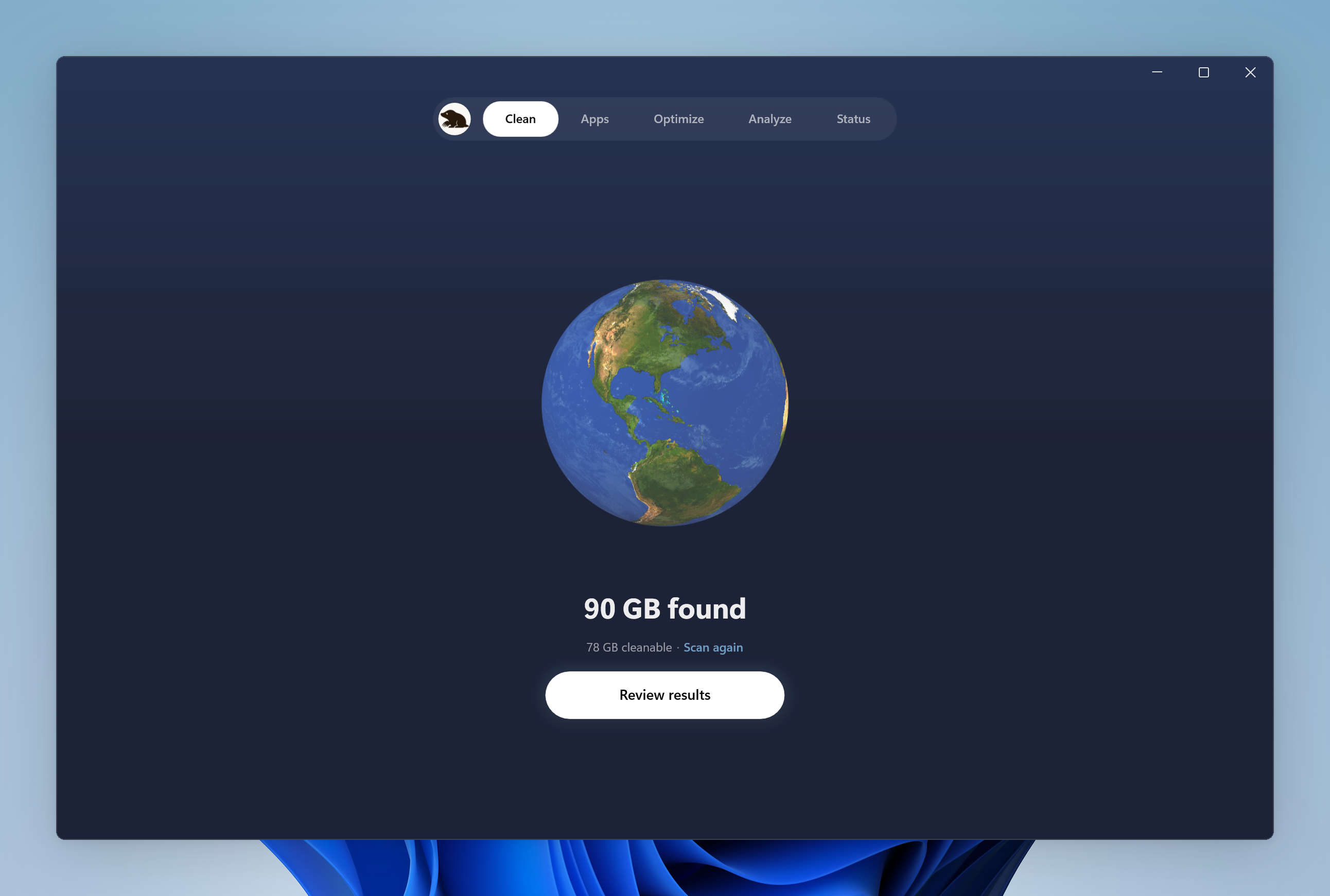 Mole's Windows Clean page with five-page navigation, the Earth and the View Results button