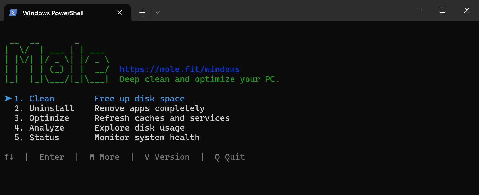 Il menu principale di Mole CLI for Windows in PowerShell, con Pulisci, Disinstalla, Ottimizza, Analizza e Stato