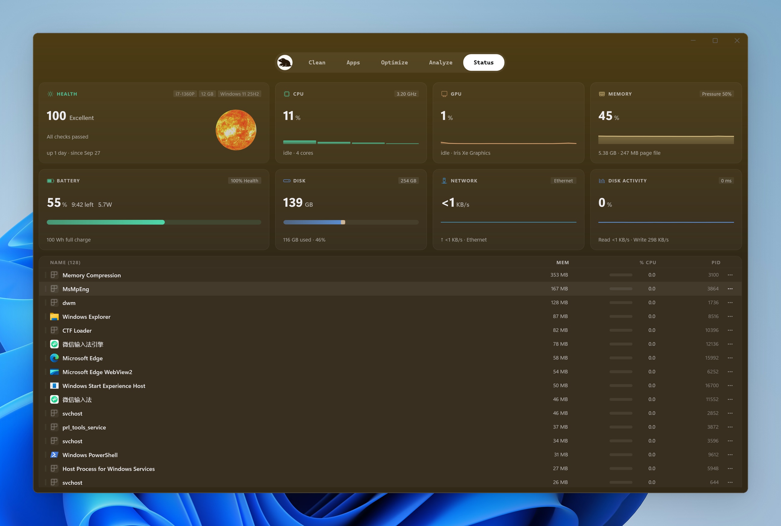 The Status tab with CPU, GPU, memory, battery, disk and network tiles above the process list