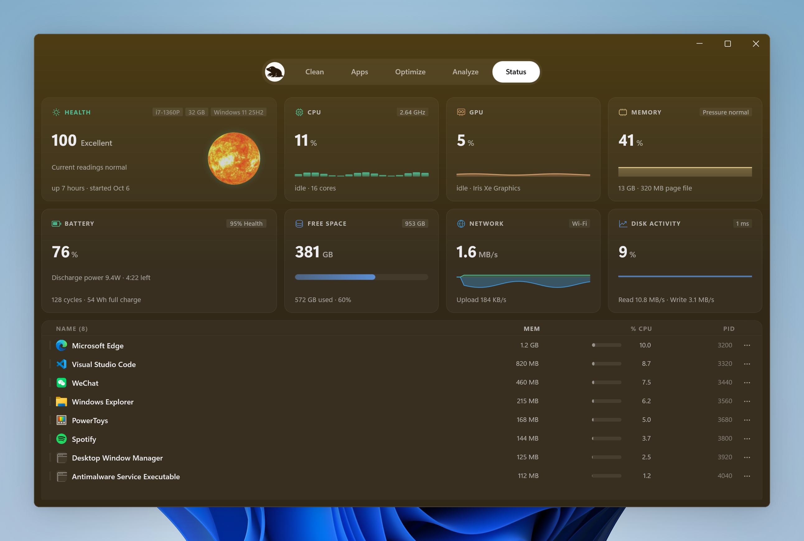 Mole's Windows Status page with resource readings and the app process list in one window